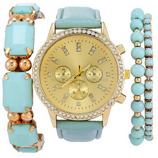 Watch Set Manufacturer - Fashion Luxury Ladies Gemstone Leather Band Bracelet Watch New Arrival