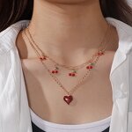 Collar Necklace Manufacturer - Red Tiered Cherry Tassel Gold Plated Love Heart Women Summer Party Gift