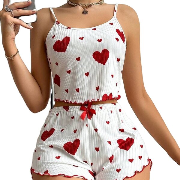 Women's Pajamas Set Manufacturer - Heart Pattern Camisoles Shorts 2 Piece Nighty Casual