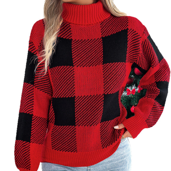 Plaid Sweater Manufacturer - Lantern Long Sleeve High Collar Christmas Warm Loose