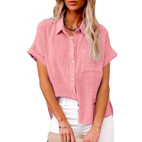 Cotton Linen T-shirt Manufacturer - Lapel Button Short Sleeve Loose for Women Summer
