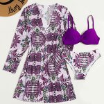 Women's Bikini Set Manufacturer - Long Cardigan Bra Briefs 3 Piece Printed Swimwear