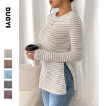 Striped Base Shirt Manufacturer - Round Neck Slit Long Sleeved Versatile Casual