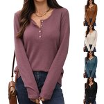 Long Sleeved T-shirt Manufacturer - Solid Color Round Neck Button Loose for Women