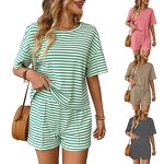 Women's Shorts Set Manufacturer - Knitted Round Neck Short Sleeved Striped Casual
