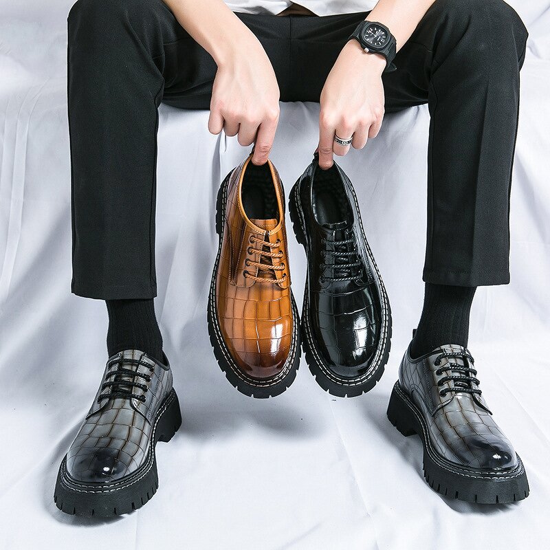 Men's PU Leather Shoes Manufacturer - 2025 Big Head Thick Bottom Plaid Business Casual