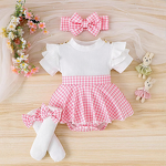 Girls' Romper Set Manufacturer - Ribbed Knitted Short-Sleeve Top Plaid Skirt Headband