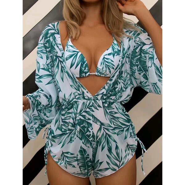 Women's Bikini Set Manufacturer - 3 Piece Spaghetti Strap Bra Jumpsuit Printed Swimwear