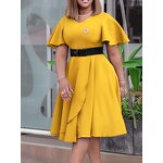 V-neck Office Dress Manufacturer - 2025 Trumpet Sleeves Solid Color Blet Plus Size