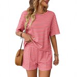 Women's Shorts Set Manufacturer - Knitted Round Neck Short Sleeved Striped Casual