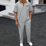 Men's Two-Piece Set Manufacturer - 2025 Summer Waffle Color Matching Lapel Short Sleeve