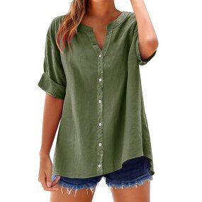 Casual Shirt Manufacturer - 2025 V-neck Loose Button Short Sleeve for Women Spring Summer