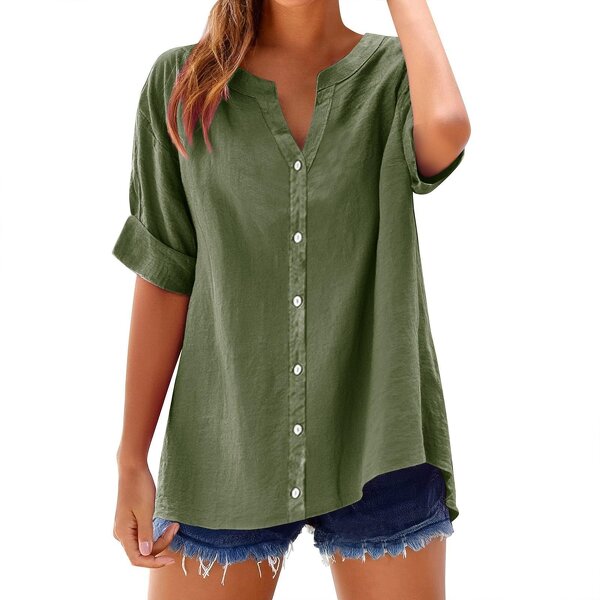 Casual Shirt Manufacturer - 2025 V-neck Loose Button Short Sleeve for Women Spring Summer