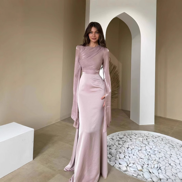 Muslim Satin Dress Manufacturer - Round Neck Batwing Sleeves Long Sleeves Slim-Fit