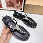 Women's Flat Sandals Manufacturer - 2025 Classic Black Round Toe Shiny Crystal Wholesale
