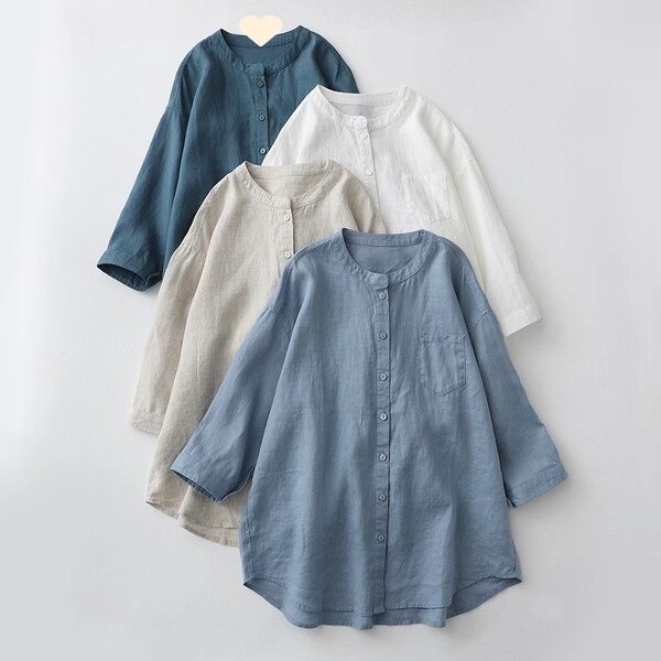 Cotton Casual Blouse Manufacturer - Three-quarter Sleeve Stand Collar Button for Women Summer