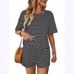 Women's Shorts Set Manufacturer - Knitted Round Neck Short Sleeved Striped Casual
