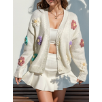 Ribbed Cardigan Manufacturer - 2025 Embroidery Flowers Applique Button up Sweater Coat