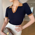 Ice Silk Top Manufacturer - V-Neck Short Sleeve Slim Knit Casual Solid Color