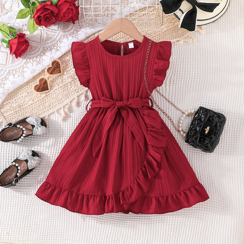Girls' Casual Dress Manufacturer - 2025 Solid Color Wave Stripe Flutter Sleeve Belt Ruffle