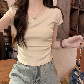 Women's T-shirt Manufacturer - Solid Color Short Sleeve V-neck Slim Wholesale