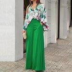 Women's Pants Set Manufacturer - Printed Shirt Wide Leg Pants Fashionable Casual Loose