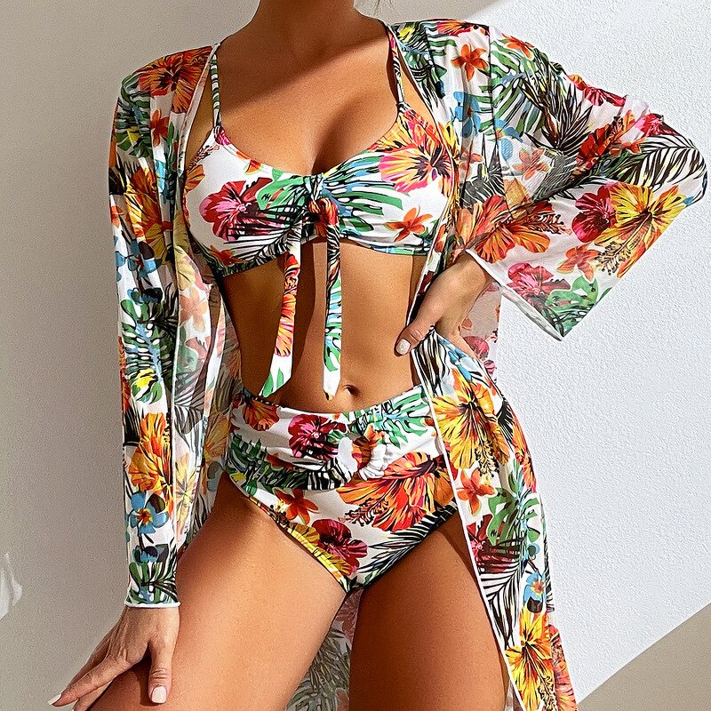 Women's Swimsuit Set Manufacturer - Floral Print Three Pieces Bra Panties Long Sleeve Cardigan