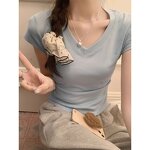 Women's T-shirt Manufacturer - Solid Color Short Sleeve V-neck Slim Wholesale