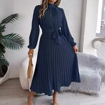 Pleated Long Skirt Dress Manufacturer - Stand Collar Waist Cinching for Autumn Winter