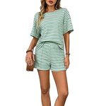 Women's Shorts Set Manufacturer - Knitted Round Neck Short Sleeved Striped Casual