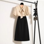 Women's 2-Piece Set Manufacturer - Short Sleeve Tops Skirt Petal Bow Collar Professional