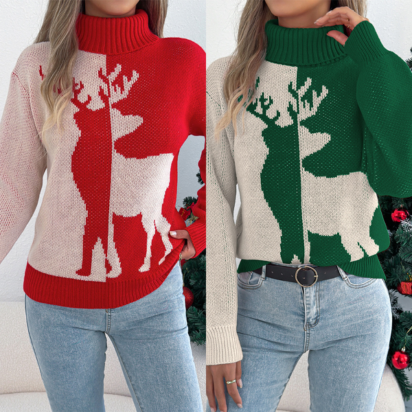 Deer Hoodie Sweater Manufacturer - 2025 Color Contrasting Lantern Sleeve Christmas Warm