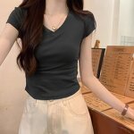 Women's T-shirt Manufacturer - Solid Color Short Sleeve V-neck Slim Wholesale