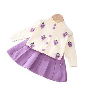 Baby Girls' Suit Set Manufacturer - Long Sleeve Cardigan Skirt Floral Strawberry Knitted