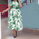 Printed Floral Dress Manufacturer - 2025 Stand Collar Belt Office Plus Size