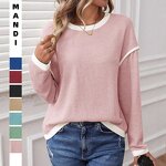 Women's Knitted Top Manufacturer - Line Splicing Solid Color Long Sleeved Round Neck Loose