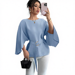 Flared Sleeve Shirt Manufacturer - 2025 Solid Color Round Neck Slim for Women Summer