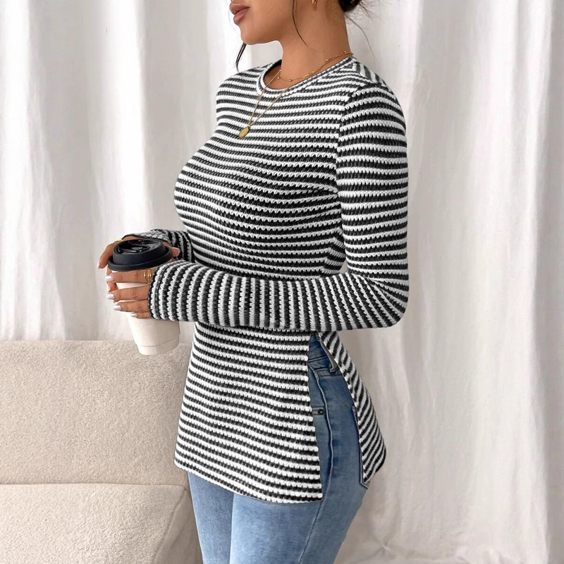 Striped Base Shirt Manufacturer - Round Neck Slit Long Sleeved Versatile Casual