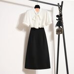 Women's 2-Piece Set Manufacturer - Short Sleeve Tops Skirt Petal Bow Collar Professional