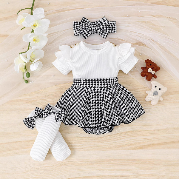 Girls' Romper Set Manufacturer - Ribbed Knitted Short-Sleeve Top Plaid Skirt Headband