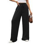 Women's Casual Pants Manufacturer - Solid Color Drawstring Loose Pit Stripe Brushed Elastic