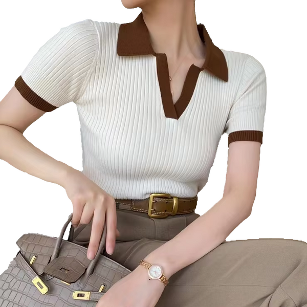 Ice Silk Top Manufacturer - V-Neck Short Sleeve Slim Knit Casual Solid Color