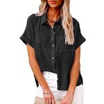 Cotton Linen T-shirt Manufacturer - Lapel Button Short Sleeve Loose for Women Summer