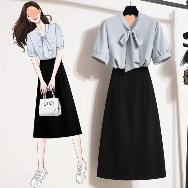 Women's 2-Piece Set Manufacturer - Short Sleeve Tops Skirt Petal Bow Collar Professional