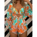 Women's Bikini Set Manufacturer - 3 Piece Spaghetti Strap Bra Jumpsuit Printed Swimwear