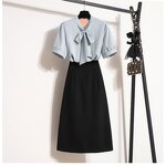 Women's 2-Piece Set Manufacturer - Short Sleeve Tops Skirt Petal Bow Collar Professional