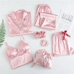 Women's Sleepwear Set Manufacturer - Satin Seven Piece Set Ice Silk Long Sleeved Solid Color