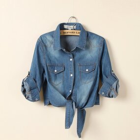 Cotton Denim Shirt Manufacturer - Three-quarter Sleeve Lapel Button Solid Color