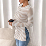 Striped Base Shirt Manufacturer - Round Neck Slit Long Sleeved Versatile Casual
