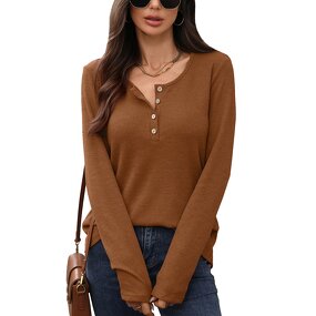 Long Sleeved T-shirt Manufacturer - Solid Color Round Neck Button Loose for Women